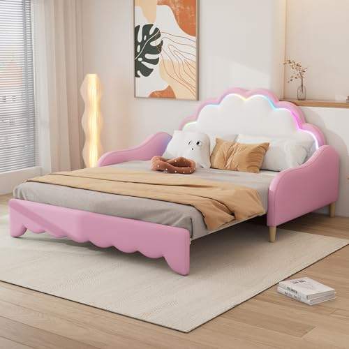 Dolamaní schlafsofa 140 cm breit Klein Klappbett für 2 Personen, Jugendzimmer für Mädchen Bett, Bettgestell140x200, Modern Ausziehbett gleiche höhe, Kopfteil mit Regenbogen-Dekor (Rosa, Ohne Matratze)
