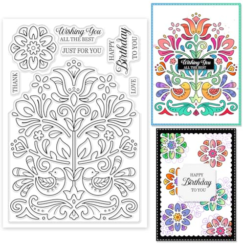 GLOBLELAND Volkskunstmuster Transparente Silikonstempel Vogel Klare Stamps Tiere Silikonstempel Für Kartengestaltung DIY Prägung Journaling