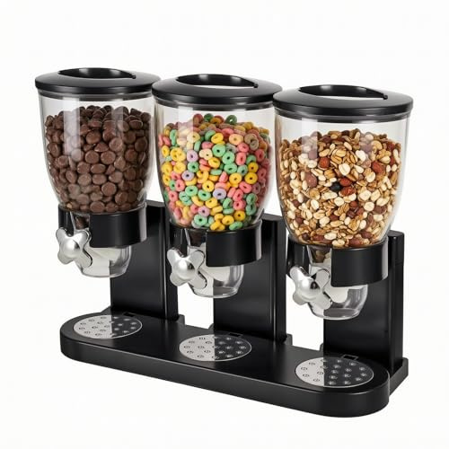 Triple Cereal Dispenser Countertop, 6L Large Capacity Cereal Container Dispenser with Rotary Knob for Portion Control, Airtight Dry Food Storage for Rice, Candy, Nuts, Beans, Granola, Pet Food