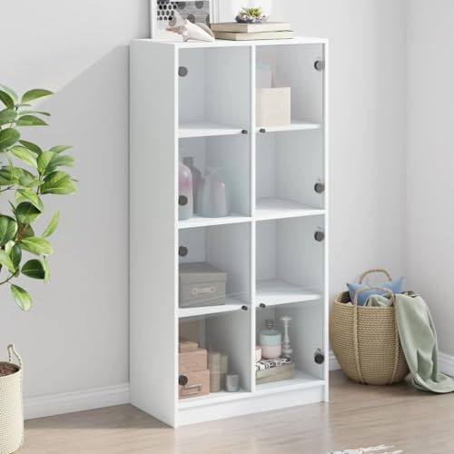 Willood Vitrinenschrank Glasvitrine Bücherschrank mit Türen Mehrzweckschrank mit Glastüren Wohnzimmer Metallschrank Weiß 68 x 37 x 142 cm