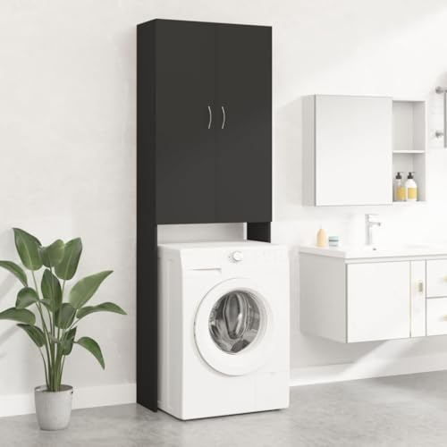 AUVYI Almacenamiento sobre el inodoro negro 64 x 25,5 x 190 cm madera armario lavadora con 2 puertas y 3 compartimentos muebles de baño para utensilios de lavandería, productos de limpieza