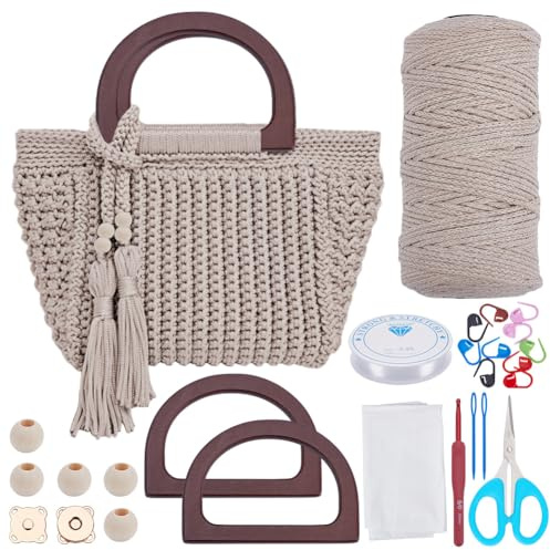 INFUNLY DIY Häkeltaschen Set für Anfänger und Erwachsene Mit Schritt für Schritt Videoanleitungen, Quasten, Holzgriff - Tragetasche Häkelhandtaschen