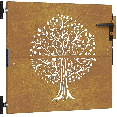 Zauntor für Staketenzaun, Gartenzaun Pforte Gartentor Metall Gartentür Gartenpforte Hoftor Flügeltor Einfahrtstor Gartentpforte, 85x100 cm Cortenstahl Baum-Design