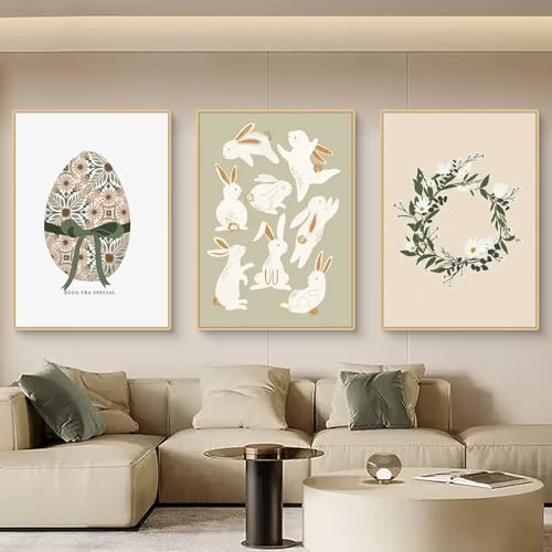 Fiwzzdur Premium 3er Ostern Poster Kinderzimmer, Frühling Ostern Ei Hase Bilder Kinderzimmer, Ostern Deko für Wohnzimmer Schlafzimmer Mädchen Jungen, Wandbilder Ohne Rahmen (30x40cm,GHI)