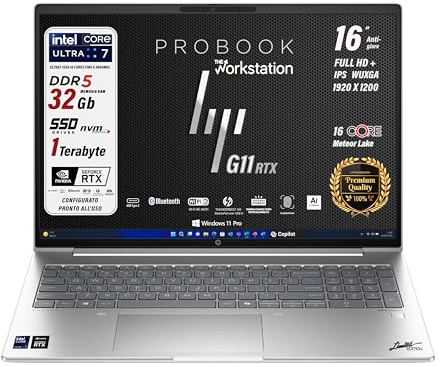 HP ProBook G11 Notebook Portatile, Intel® Core™ Ultra 7 155H, 16 Core, SSD Pci 1Tb, Display IPS WUXGA 16, 32 Gb DDR5, Wi-Fi6, Thunderbolt, GeForce RTX 2050, Tastiera Retroilluminata, Win 11Pro