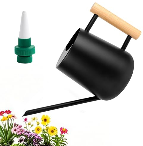 Gießkanne Zimmerpflanzen, 1L Gießkanne Indoor Blumengießkanne Edelstahl-Giesskanne mit Langem Auslauf Holzgriff, Gießkanne Klein für Garten Zimmerpflanzen Sukkulenten