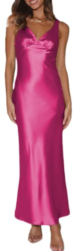 Womens Elegant Satin V Neck Backless Sleeveless Maxi Dress Silk Tie Low Back Formal Cocktail Dresses Wedding Guest Fuchsia