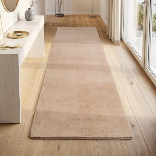 HomebyHome Läufer Teppich Beige 80x250 cm Waschbarer Kurzflor Teppich, rutschfest & weich, modernes einfarbiges Design für Schlafzimmer, Küche & Flur