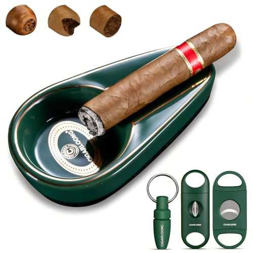 Cenicero para cigarros de cerámica con cortador de cigarros en V, guillotina de doble hoja y broca afilada, cenicero irrompible para exteriores e interiores (Verde)