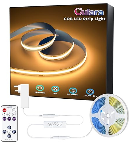OULARA COB LED Strip 6M 2700K Warm White LED Strip Light Dimmable 24V LED Strips Super Bright CRI92+ 8mm Flexible Rope Lights Kit with RF Remote, UK Power Supply for Kitchen Cabinet Bedroom Mirror