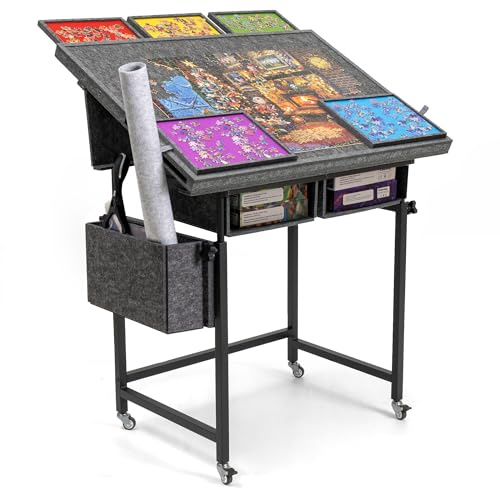 Lavievert Tavolo puzzle inclinabile da 1500 pezzi con 5 cassetti colorati e copertura, tavola per puzzle regolabile in altezza e angolo con 3 scomparti in feltro, tavolo portatile con gambe e 4 ruote