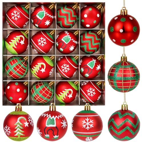 16Pcs Christmas Baubles, 6CM Tree Decorations Set Christmas Tree Hanging Balls for Holidays Home Xmas Party Decoration (Red and Green)