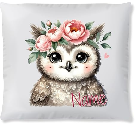 GRAZDesign Personalisierte Kinderkissen - Eule mit Blumenkranz und Namen - Kuschelkissen für Kinderzimmer Dekoration