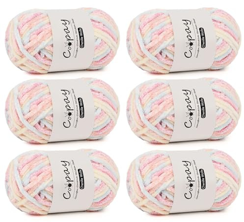 Coopay Chenille Wolle zum Häkeln, 6x100g Weiche Samtig Chenillegarn, Flauschige Dicke Wolle zum Stricken, Warme Plüschwolle Häkelgarn für Decken, Schals, Mützen - Blütenbüschel