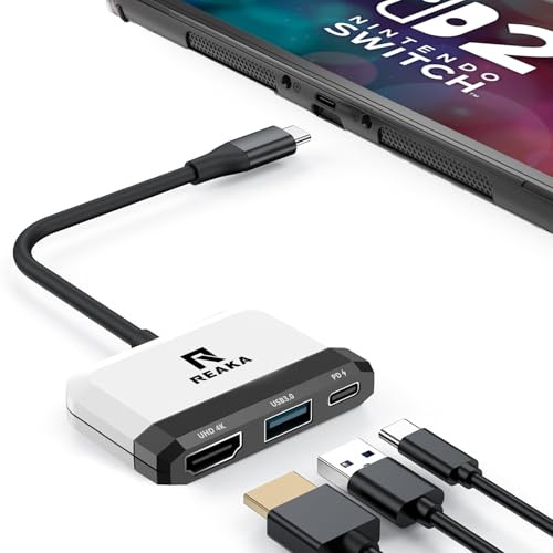 RREAKA Switch2 TV Dock for Nintendo Switch 1&2, 3 in 1 Switch TV Adapter with 4K HDMI, USB 3.0 Port, Type C 100W Charging, Portable Switch Docking Station Travel, for Samsung Dex, MacBook-White