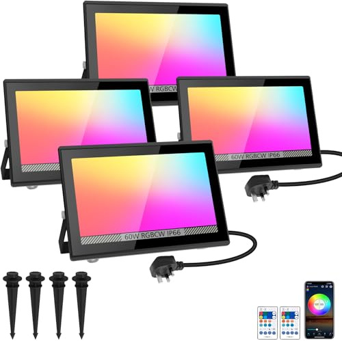 NATPOW 60W RGB Floodlights, Flood Lights Outdoor Smart Colour Changing, LED Garden Security Lights with Remote&APP Control IP66 Party Lights for Landscap, Stage Halloween Decoration(4Packs)
