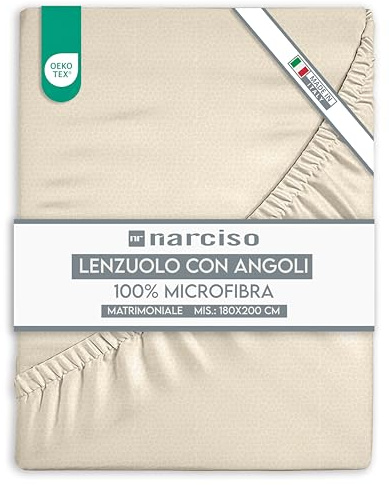 NARCISO Lenzuolo con Angoli Matrimoniale 180x200+25 in Microfibra Tinta Unita Embossed, Lenzuola Sotto con Angoli Matrimoniale Traspirante ed Anallergica, Made in Italy (2P, Sabbia)