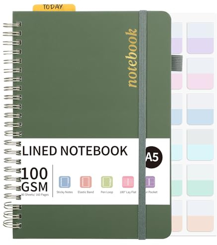 Thboxes A5 Notebook, 160 Pages A5 Lined Wirebound Spiral Notepad, 100GSM College Ruled Notebook with 24 Labels for Women Men Office School,15 X 21.5 cm, Green