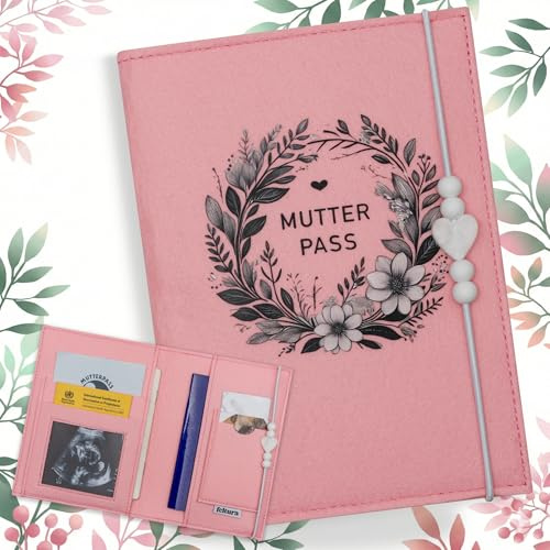 Mutterpasshülle Filz Rosa für deutschen Mutterpass – mit Ultraschallbild Fach & Kartenfächern – Dokumentenmappe Schwangerschaft – Geschenk für werdende Mütter – FELTURA
