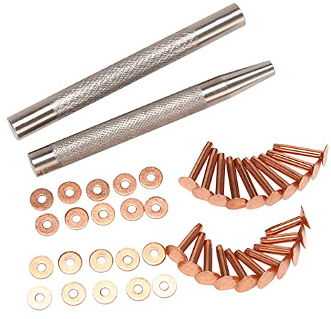 Uikdjgu 20Pack di Rivetti nel Rame e Sbavature (14 Mm e 19 Mm) con 2 Pezzi di Rivetti Perforatori per Cinture, Collari, Lavorazione Della Pelle
