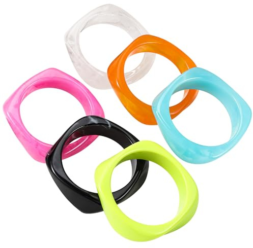 Oqqlin 6 Pcs Resin Bangles, 2.56 Inch Colorful Resin Chunky Bangle Bracelets for Women Wide Irregular Geometric Vintage Wristbands for Women and Girls (Black, White, Orange, Green, Blue, Rose Red)
