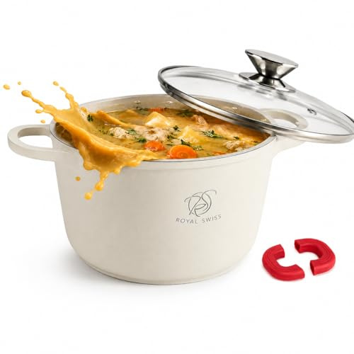 Royal Swiss Suppentopf 6,2 L Ø24 cm cream white, Antihaft Kochtopf mit Glasdeckel, Abnehmbaren Griffen, Induktion Gas Elektro Keramik Halogen, Backofenfest Ohne Griffe