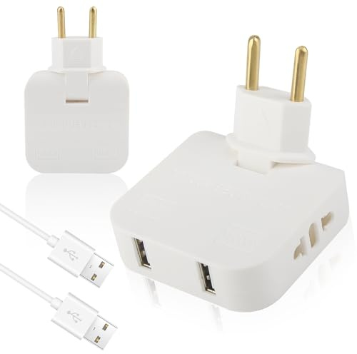 GZGXKJ 2 Stück Mehrfachsteckdose Flacher Stecker 16A/250V Steckdose Flachstecker USB 180° Drehbare Doppelstecker Flach Amerikanischer und Europäischer Winkelsteckdose für Reisen Zu Hause (Weiß)