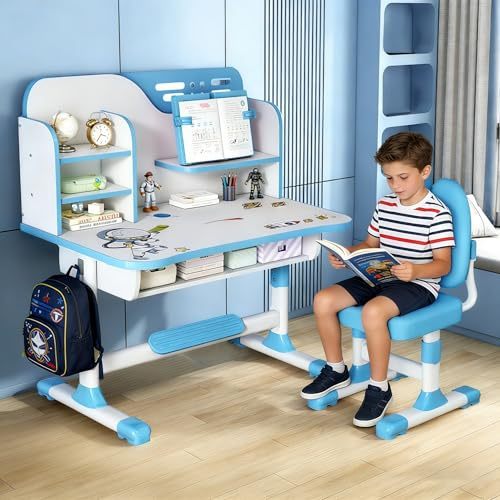Kinder Schreibtisch-Stuhl-Set, Höhenverstellbarer Lernschreibtisch mit Stuhl & Astronautenmuster, Ergonomisches Design mit großer Schreibfläche Bücherregal Schublade für Zuhause Schule (Blau C)