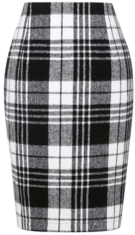 Générique Jupe Crayon mi-Longue pour Femme en Laine ajustée à Taille Haute Style Automne Hiver Motif Carreaux élégant (White, L)