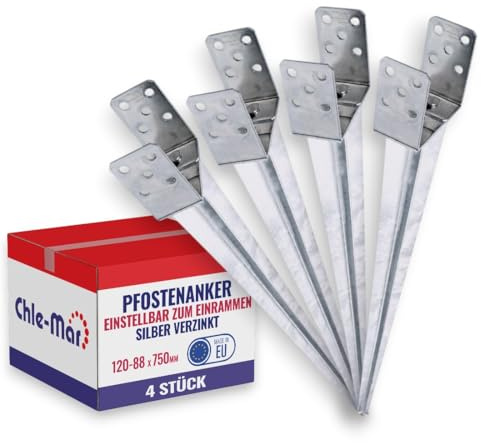 Chle-Mar 4x Verstellbare U-Pfostenträger 0–120mm, Einschlaghülse Länge 75cm