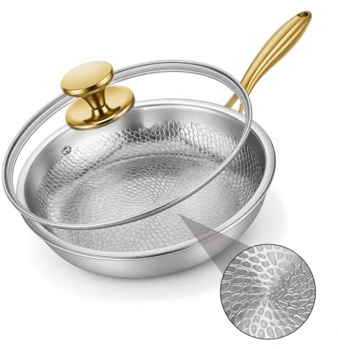 Normodic Titan Hammered Pan Pro Poêle à frire avec couvercle en titane non revêtue, structure antiadhésive physique grâce au motif martelé, pour tous les types de feux et induction (26 cm)