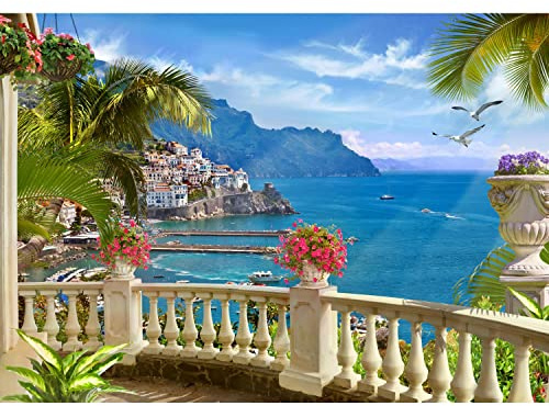Runa Art Papel tapiz fotográfico 396 x 280 cm Balcón con vistas al mar Italia | Lana Decoración De Pared Sala Cuarto | Fabricación alemana | azul verde 9166012a