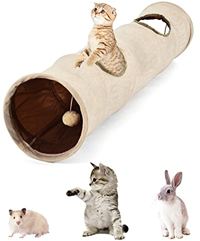 Bverionant Tunnel pour Chat avec 2 Trous Doux et Pliable en Daim, Tubes et Tunnels pour Animaux Chats Chatons Lapins, D25*120cm