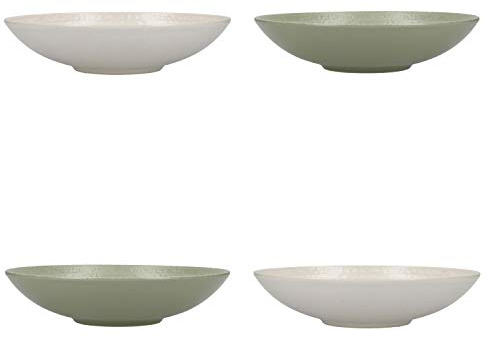 KitchenCraft - Assiettes Creuses en Grès Émaillé, Livrés dans un Coffret Cadeau, 22 cm, Lot de 4, Motif Spirale, Vert / Beige