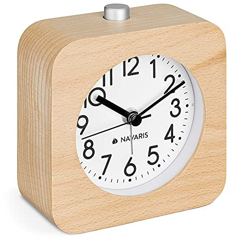 Navaris Analog Holz Wecker mit Snooze - Retro Uhr Viereck Design mit weißem Ziffernblatt Alarm - Leise Tischuhr ohne Ticken - Holzwecker Hellbraun