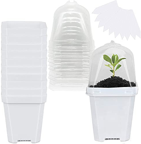 GIONAR 10PCS Plant Nursery Pots with Humidity Dome 7.6cm/3inch Plastic Gardening Pot with Labels, Small Plant Container for Seedlings/Vegetables/Succulents/Cuttings