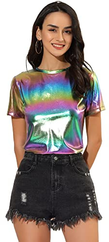 Allegra K Dam kortärmad rund hals metallisk topp blus t-shirt, färgglad, L
