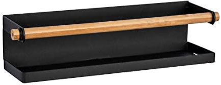WENKO Gewürzregal Magna, magnetisches Regal aus Metall mit Bambus-Detail zum Aufbewahren und Präsentieren von Gewürzgefäßen, Anbringung ohne Bohren mit Magnet oder Klebeband, 32 x 8 x 8 cm, Schwarz