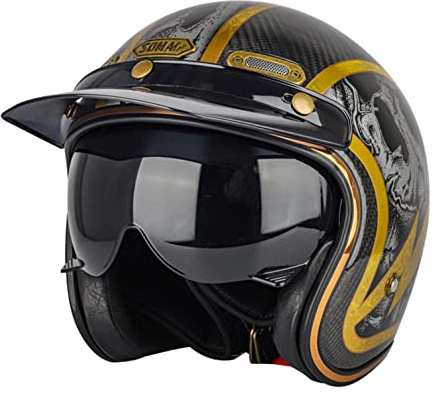Jethelm Motorradhelm Helm Carbon Fiber Scooter-Helm mit ECE Zertifiziert Mofa-Helm Retro Motorrad Half Helm Mit Visier Moped Scooter Cruiser Jet Helm 3/4 Helm für Damen Herren Erwachsene A,L