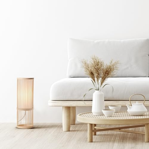 Lightbox Tischlampe im Boho Stil - 36 cm Höhe, Ø 12 cm - Nature Tischleuchte mit weißen Stoff Schirm & hellbraunem Bambus Gitter & Kippschalter - E27, max. 40 W - aus Bambus/Textil