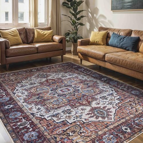 Mazovia Teppich Orientalisch Vintage - Waschbar rutschfest - Weich Traditioneller Teppich für Wohnzimmer Orientteppich - Fußbodenheizung geeignet - Rot Braun 80 x 150 cm
