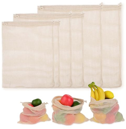 Salbsever 6 Bolsas de Malla de Algodón Beige Reutilizables para la Compra, Guardar Frutas y Verduras, Lavables (3 Tamaños)