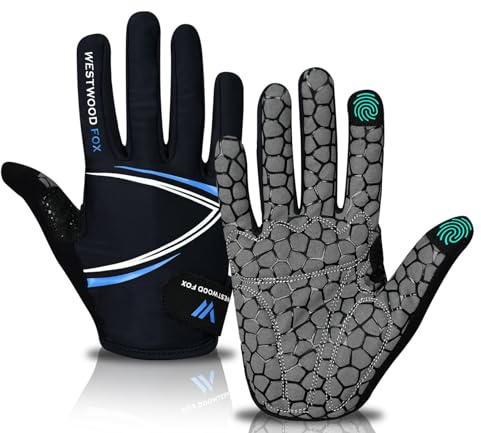 WESTWOOD FOX Guanti da ciclismo a dita intere, imbottiti, antiscivolo, touchscreen, ammortizzanti, per mountain bike da strada, MTB, corsa su strada, ciclismo e sportivi, per uomo e donna (blu, S)