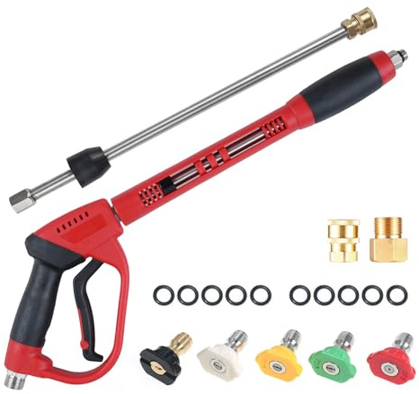 Fesjoy högtryckstvättspistol, 5000 PSI, kraftfull tvättpistol, 100 cm längd, 1/4 tum snabbanslutning med M22-vattenslangkontakt, 5 färgade munstycksspetsar 0, 15, 25, 40, tvålläge,