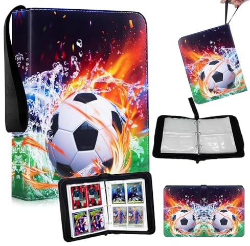 Kinfezlon Fußball Sammelalbum Karten für 400 Karten 6,4x9cm aus PU-Leder | Tragbar Sammelalbums Fußball Karten mit Reißverschluss, für Formate und Griffschlaufe Geschenk für Fußballfans