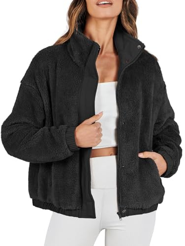 Women's Winter Fleece Jacket Full Zip Sherpa Coats with Pockets Warm Fuzzy Outwear Jackets Trendy Shaggy Outfits, Womens Fuzzy Fleece Jacket Button Down Zipper Sherpa Coats