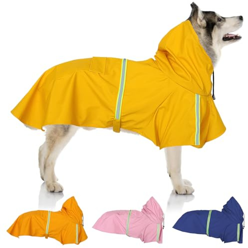 Regenmantel für Hunde, SilverChry Regenjacke für Hunde, Wasserdicht mit Kapuze, Atmungsaktiv, Wasserdicht für Haustiere, Welpen, Regenponcho mit reflektierenden Streifen (Gelb, 5XL)