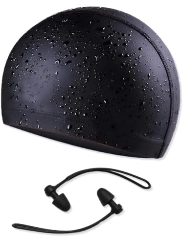 1 x Bonnet de Bain Silicone Noir pour Femmes et Hommes avec 1 Paire de Bouchons de Natation Anti-Perte, Confortables, durables et respectueux de l'environnement.