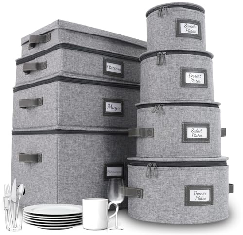 HOMELUX THEORY Hard Shell China Storage Containers, 8pc Light Gray Mug & Plate Storage Box, Kitchen Storage Bins With Lids, Heavy Duty Moving Box with Handles for Dishes, Silverware, Cup & Mug