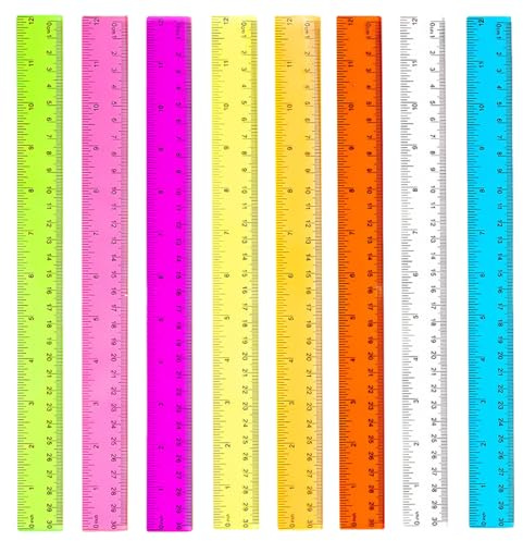 Lot de 8 règles en plastique pour enfants 30 CM Plastique Règle Plate Transparente Petites Règles en Plastique Transparent avec Graduations en Centimètres et en Pouces pour L'école Bureau Maison
